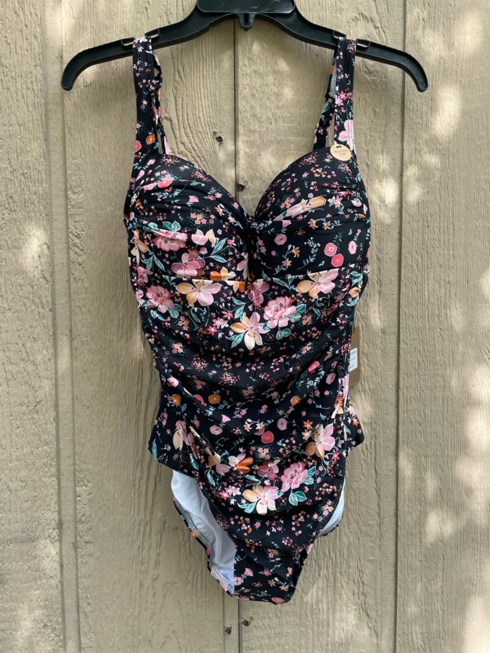 Floral Black One-Piece Swimsuit with Pink & Coral Blooms